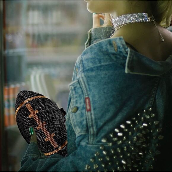 Black Football Shaped Purse Rhinestone Crystal Evening Bag Clutch Super Bowl - Picture 5 of 6